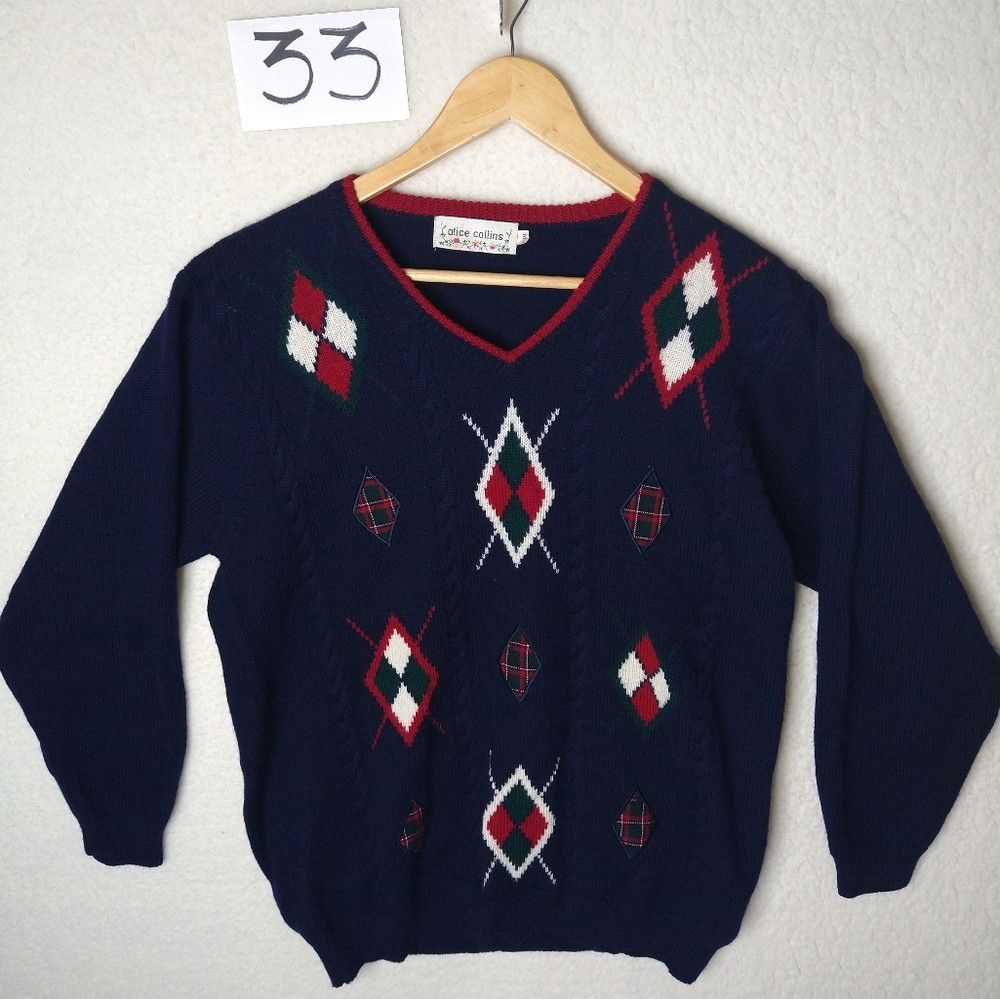 Alice Collins Navy Sweater with Argyle Design 100% Wool Women's Size Small